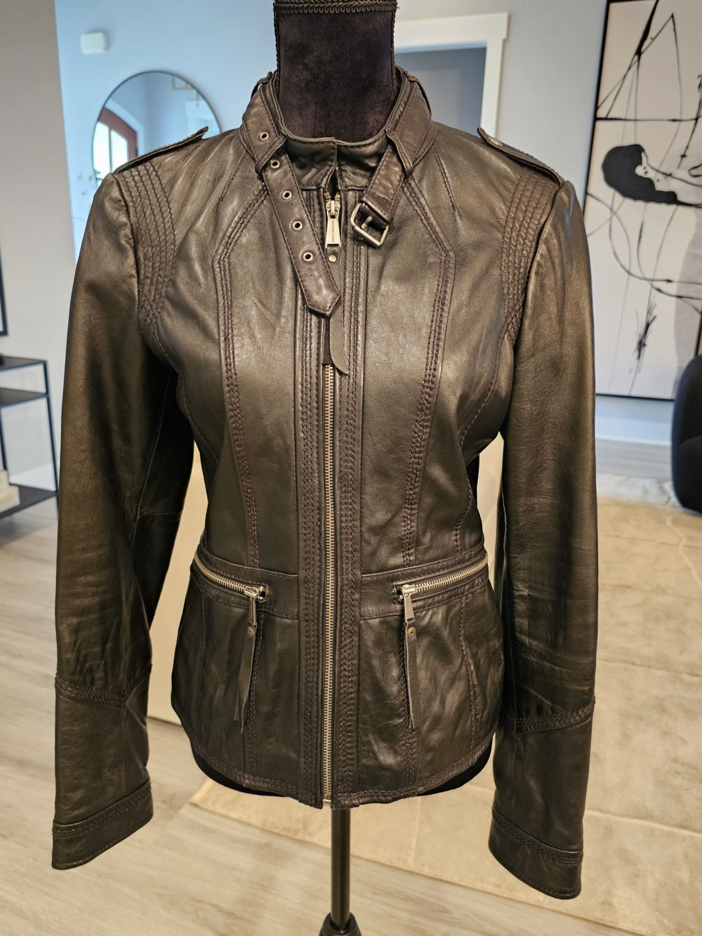 Michael Kors Dark Brown Leather Moto Jacket with Adjustable Buckle Neck